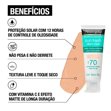 Protetor Solar Facial Neutrogena Sun Fresh Derm Care FPS 70 Pele Clara 40g