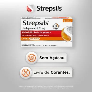 Pastilhas para Garganta Strepsils Sabor Laranja Sem A&ccedil;&uacute;car 8 Unidades
