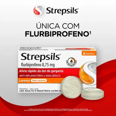 Pastilhas para Garganta Strepsils Sabor Laranja Sem A&ccedil;&uacute;car 8 Unidades