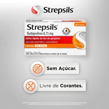 Pastilhas para Garganta Strepsils Sabor Laranja Sem A&ccedil;&uacute;car 8 Unidades