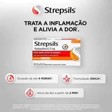 Pastilhas para Garganta Strepsils Sabor Laranja Sem A&ccedil;&uacute;car 8 Unidades