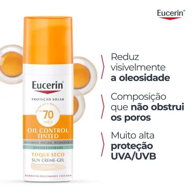 Protetor Solar Facial Eucerin Sun Oil Control Tinted Gel Creme Antioleosidade FPS 70 Cor M&eacute;dia 50g