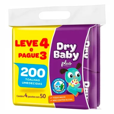 Toalha Umedecida Dry Baby Plus Leve 3 Pague 3 com 4 Pacotes de 50 Unidades cada