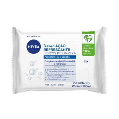 Lenços de Limpeza Facial Nivea  3 em 1 Ação Refrescante Pele Normal a Oleosa 25 Unidades