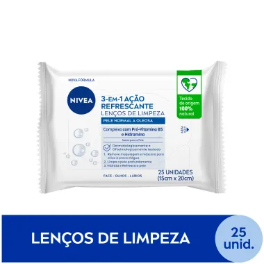 Lenços de Limpeza Facial Nivea  3 em 1 Ação Refrescante Pele Normal a Oleosa 25 Unidades