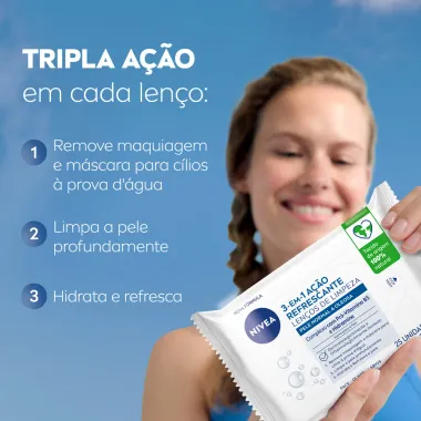 Lenços de Limpeza Facial Nivea  3 em 1 Ação Refrescante Pele Normal a Oleosa 25 Unidades