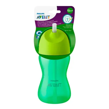 Copo com Canudo Curvado Avent Dinossauro 12+ Meses Verde 300ml