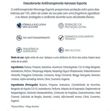 Desodorante Monange Esporte Aerosol Antitranspirante 72h Sem Silicone 150ml