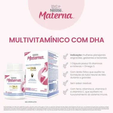 Materna Multivitamínico DHA Nestlé Suplemento Alimentar com 30 Cápsulas