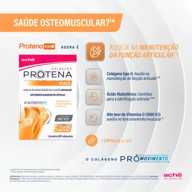 Protena Plus D Col&aacute;geno Tipo II + &Aacute;cido Hialur&ocirc;nico +  Vitamina D 60 c&aacute;psulas
