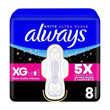 Absorvente Always Noites Tranquilas Suave com Abas  XG com 8 Unidades