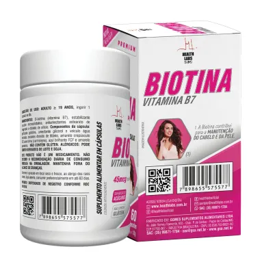 Biotina Health Labs Vitamina B7 com 60 C&aacute;psulas