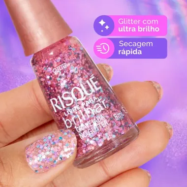 Esmalte Risque Livre para Brilhar Glitter Rosa Cravejada com 8ml