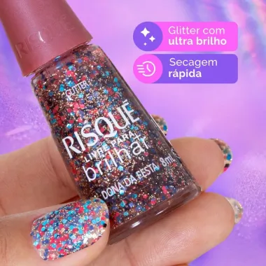 Esmalte Risque Livre para Brilhar Glitter Laranja e Azul Dona da Festa com 8ml