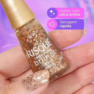 Esmalte Risqu&eacute; Livre para Brilhar Glitter Dourado Cor Chega e Arrasa com 8ml