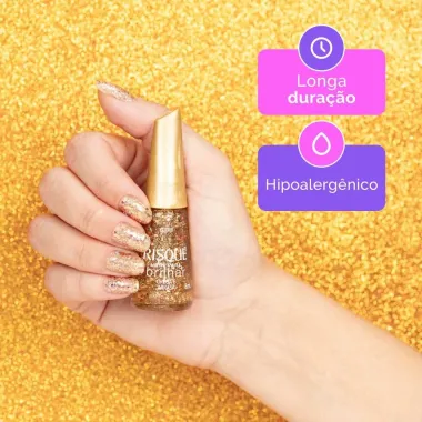 Esmalte Risqu&eacute; Livre para Brilhar Glitter Dourado Cor Chega e Arrasa com 8ml