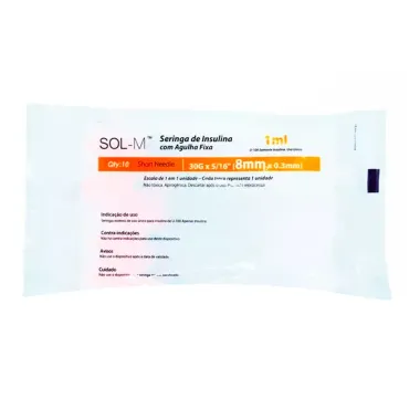 Seringa de Insulina com Agulha Fixa 100UI Sol-M 1ml 30G 8 x 0,3mm com 10 Unidades