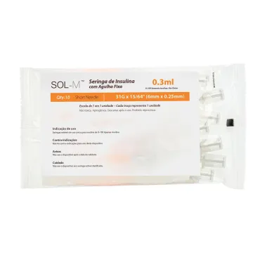 Seringa de Insulina com Agulha Fixa 30UI Sol-M 0.3ml 31G 6 x 0,25mm com 10 Unidades