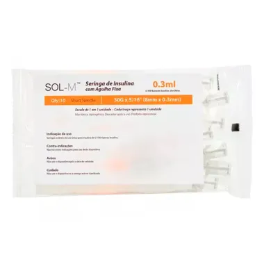 Seringa de Insulina com Agulha Fixa 30UI Sol-M 0,3ml 30G 8 x 0,3mm com 10 Unidades