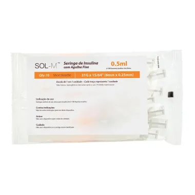 Seringa de Insulina com Agulha Fixa 50UI Sol-M 0.5ml 31G 6 x 0,25mm com 10 Unidades