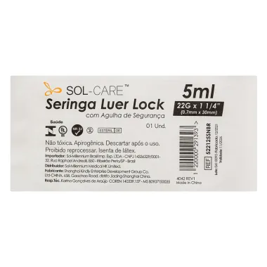 Seringa Luer Lock com Agulha 5ml SOL-CARE 30 x 0,7mm 22G Embalagem Frente