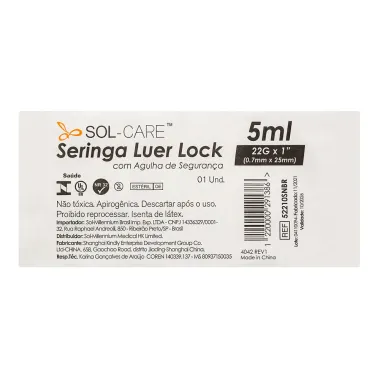 Seringa Luer Lock com Agulha de Segurança 5ml SOL-CARE Agulha