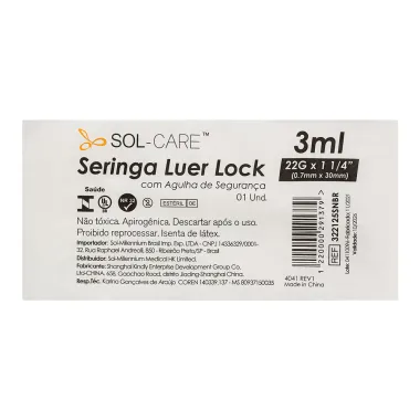 Seringa Luer Lock com Agulha de Segurança 3ml SOL-CARE Verso 3