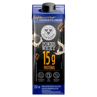 Bebida Láctea 3 Corações Power Whey com 15g de Proteína Cappuccino Cookies'n Cream 250ml