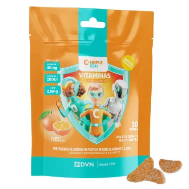 C-triple kids Vitaminas C + D + Zinco Divina Pharma Sabor Laranja com 30 Gomas