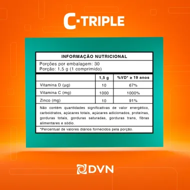 C-Triple Vitamina C 1g + Vitamina D + Zinco com 30 Comprimidos Revestidos