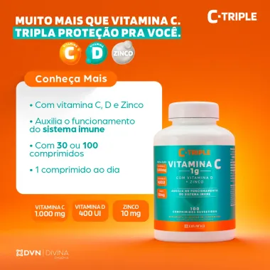 C-Triple Vitamina C 1g + Vitamina D + Zinco com 30 Comprimidos Revestidos