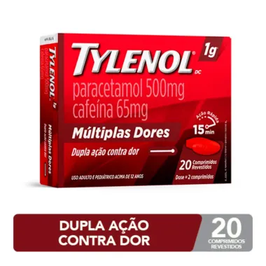 Tylenol DC Múltiplas Dores Paracetamol 500mg + Cafeína 65mg com 20 Comprimidos Revestidos
