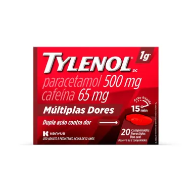 Tylenol DC Múltiplas Dores Paracetamol 500mg + Cafeína 65mg com 20 Comprimidos Revestidos