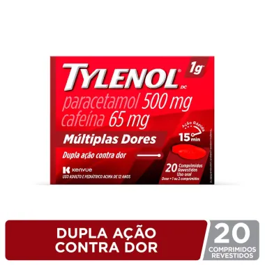 Tylenol DC Múltiplas Dores Paracetamol 500mg + Cafeína 65mg com 20 Comprimidos Revestidos