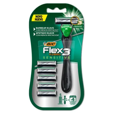 Aparelho de Barbear Bic Flex 3 Hybrid Sensitive com 5 Cargas Cartela