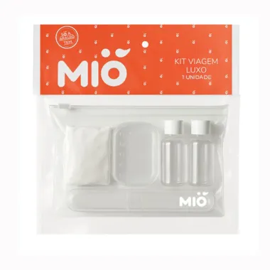 Kit Viagem Luxo Mió: 1 Porta Sabonete 1 Porta Escova de Dente Touca de Banho e 2 Frascos de 80ml