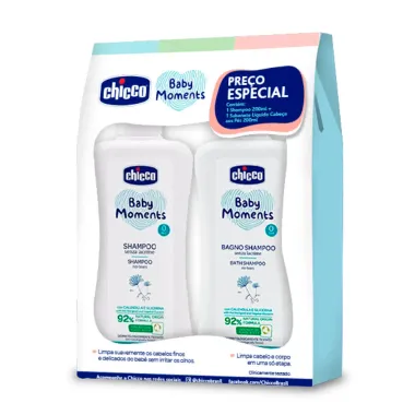 Kit Shampoo Chicco 0m+ Baby Moments 200ml e Sabonete Líquido 0m+ Baby Moments Cabeça aos Pés 200ml