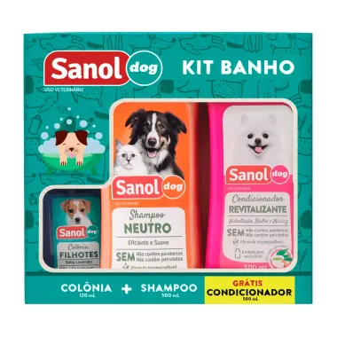 Kit Banho Veterinário Sanol Dog Shampoo e Condicionador 500ml e Colônia Filhotes 120ml