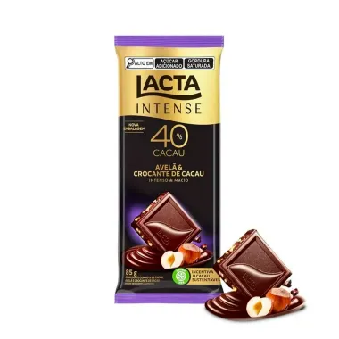 Chocolate Lacta Intense Meio Amargo 40% Cacau Avel&atilde; e Crocante de Cacau 85g