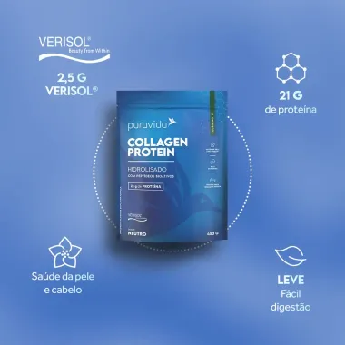 Collagen Protein Puravida Hidrolisado Verisol Sabor Neutro com 21g de Prote&iacute;na 450g