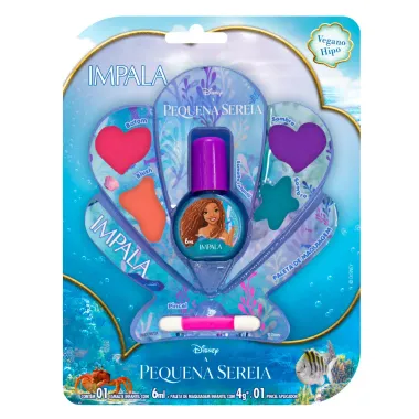 Kit Maquiagem Infantil Impala Disney Pequena Sereia com Esmalte Infantil 6ml Paleta de Maquiagem 4g e Pincel Aplicador