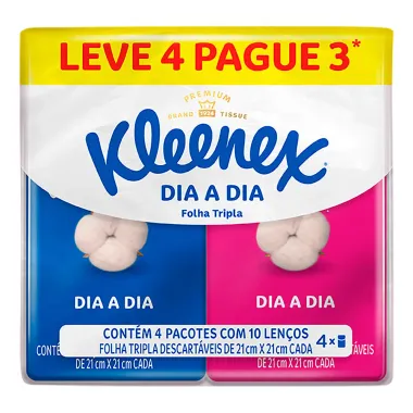 Lenço de Papel Kleenex Dia a Dia Folha Tripla Leve 4 Pague 3 Unidades