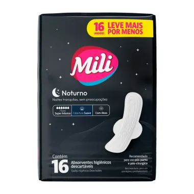 Absorvente Mili Noturno com Abas Cobertura Suave com 16 Unidades Leve Mais Por Menos