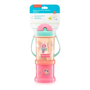 Copo com Porta Snacks Fisher Price Playful Sunset Antivazamento 12+ Meses Cor Rosa 300ml