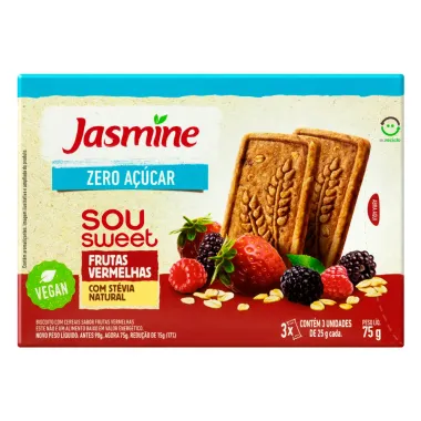 Biscoito Jasmine Sou Sweet Zero Açúcar Sabor Frutas Vermelhas Vegan 75g Frente