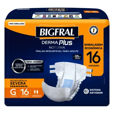 Fralda Geriátrica Bigfral Derma Plus Noturna Unissex G Descartável com 16 U