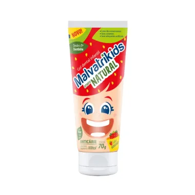 Gel Dental Malvatrikids Extrato Natural com Flúor e Xilitol Sabor Morango 70g