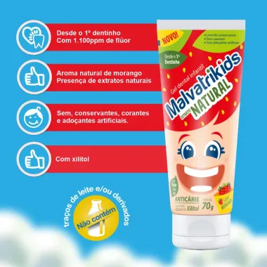 Gel Dental Malvatrikids Extrato Natural com Flúor e Xilitol Sabor Morango 70g
