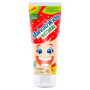 Gel Dental Malvatrikids Extrato Natural com Flúor e Xilitol Sabor Morango 70g Frente