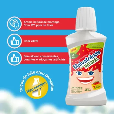 Enxaguante Bucal Malvatrikids Extrato Natural com Flúor e Xilitol Sabor Morango 250ml